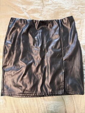 Black Faux Leather Mini Skirt with Front Slit
